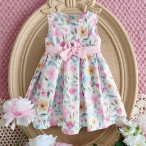 Vestido floral rosa sin mangas con moño para bebé