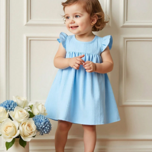 Vestido azul liso con diadema de moña