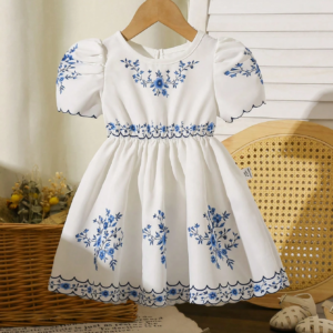 Vestido azul y blanco bordado con mangas abullonadas