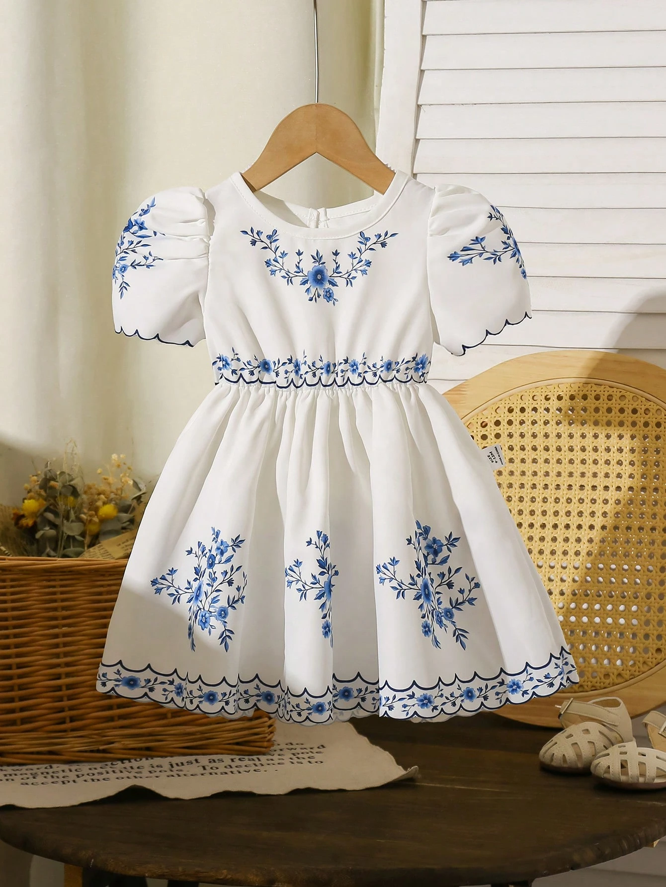 Vestido azul y blanco bordado con mangas abullonadas