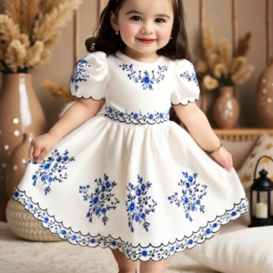 Vestido azul y blanco bordado con mangas abullonadas