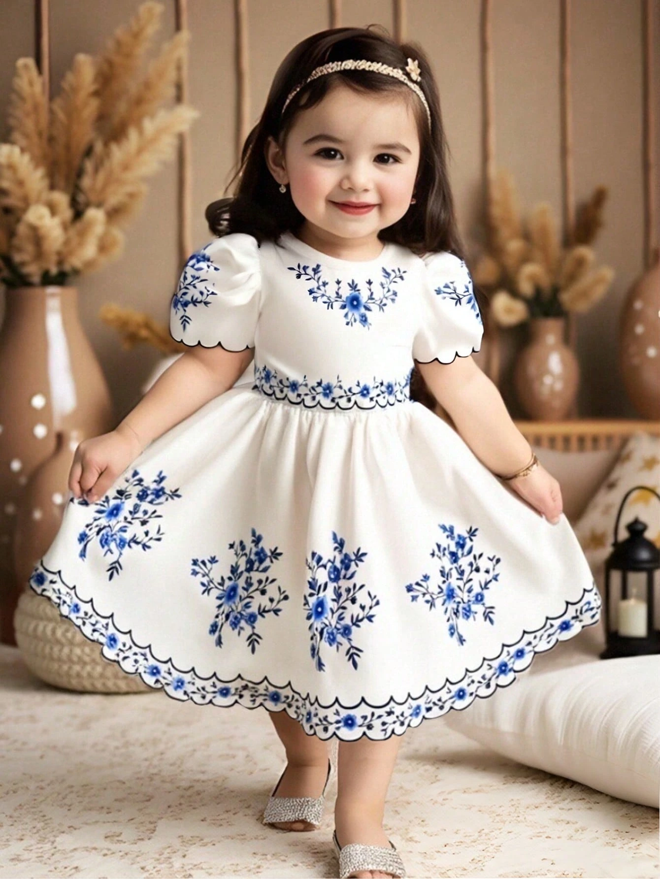 Vestido azul y blanco bordado con mangas abullonadas