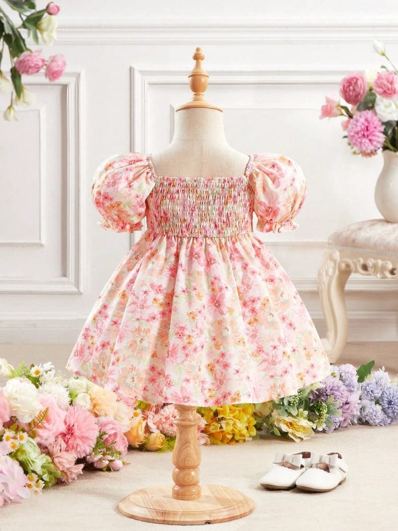 Vestido floral multicolor con mangas farol