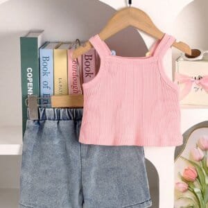 Conjunto rosa de flores bordadas con top canalé