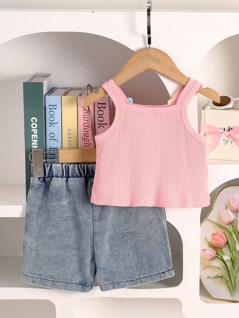 Conjunto rosa de flores bordadas con top canalé