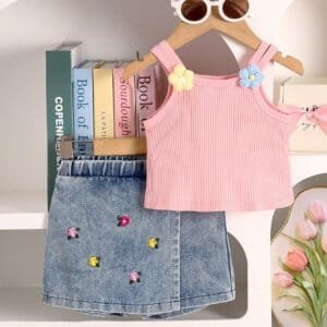 Conjunto rosa de flores bordadas con top canalé