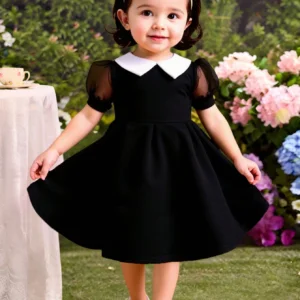 Vestido negro elegante con mangas farol y cuello blanco