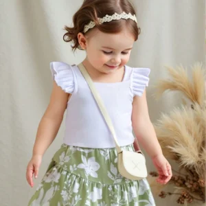 Conjunto blanco con falda verde floral para bebé