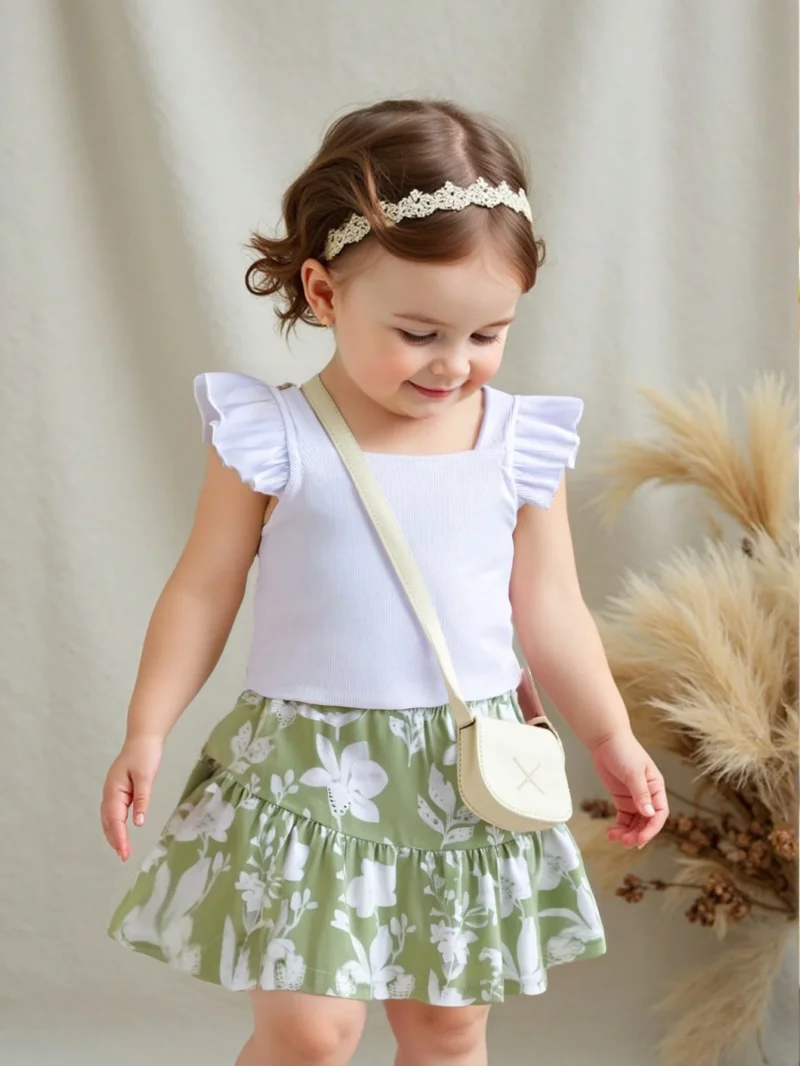 Conjunto blanco con falda verde floral para bebé