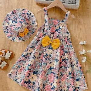 Vestido floral multicolor con sombrero