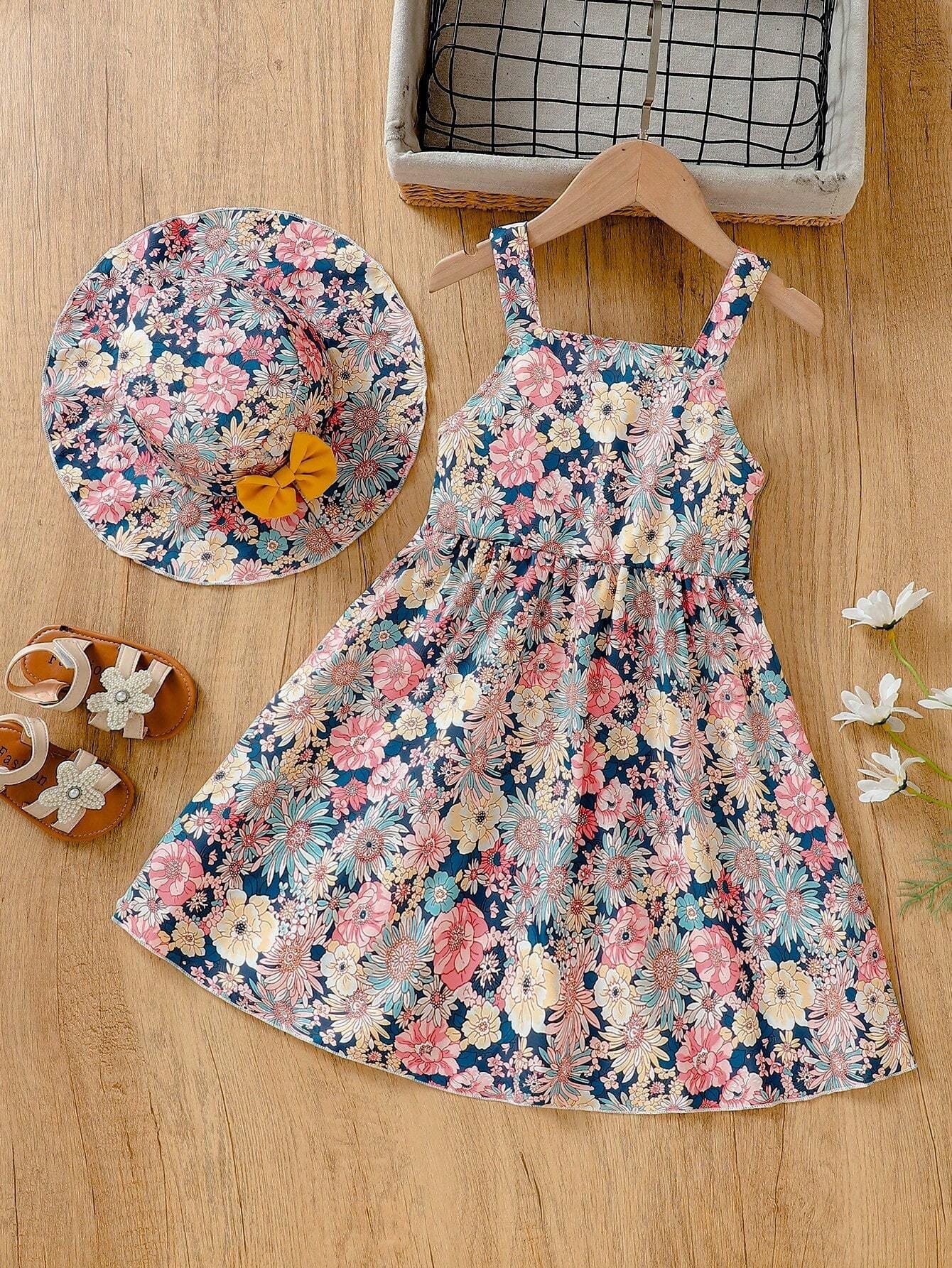 Vestido floral multicolor con sombrero