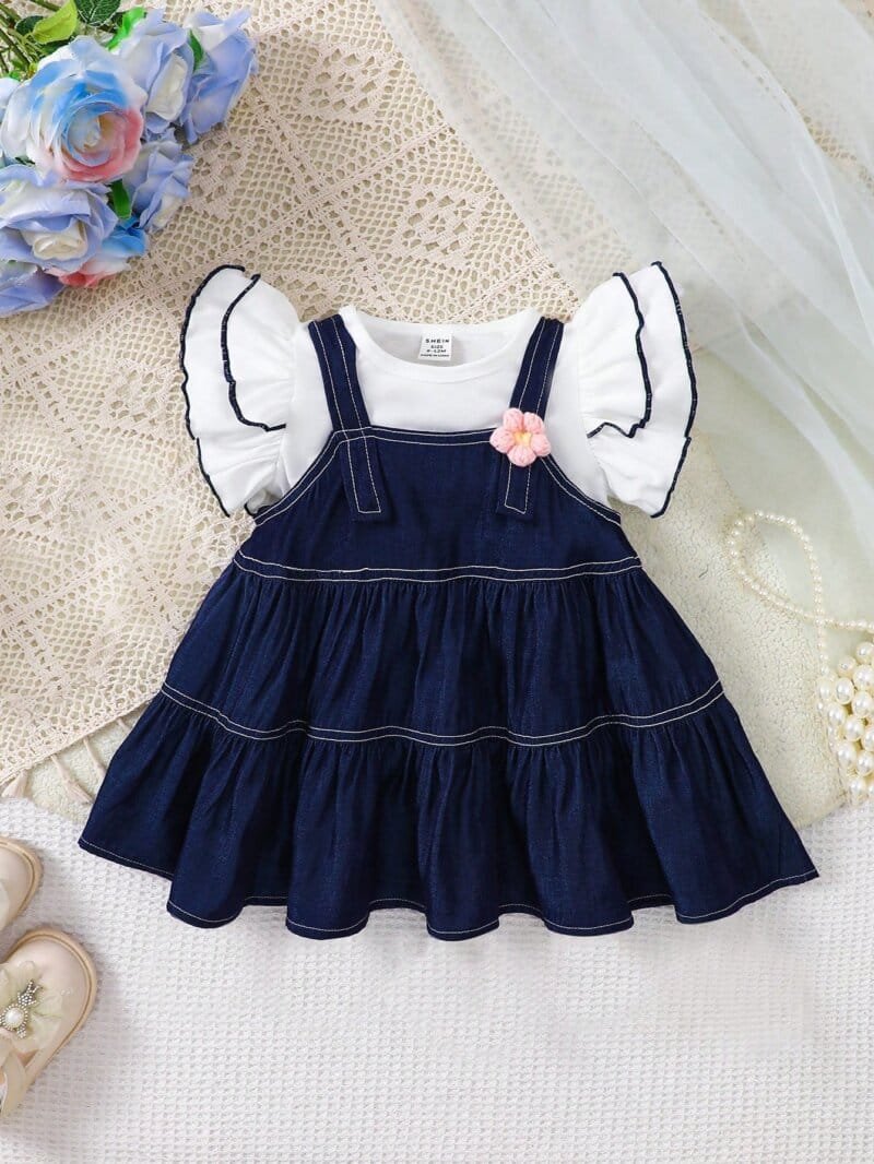 Vestido mezclilla azul con top blanco para niña bebé