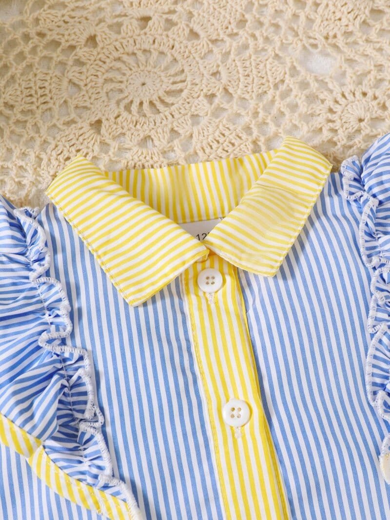 Set azul y amarillo con moño para niña bebé