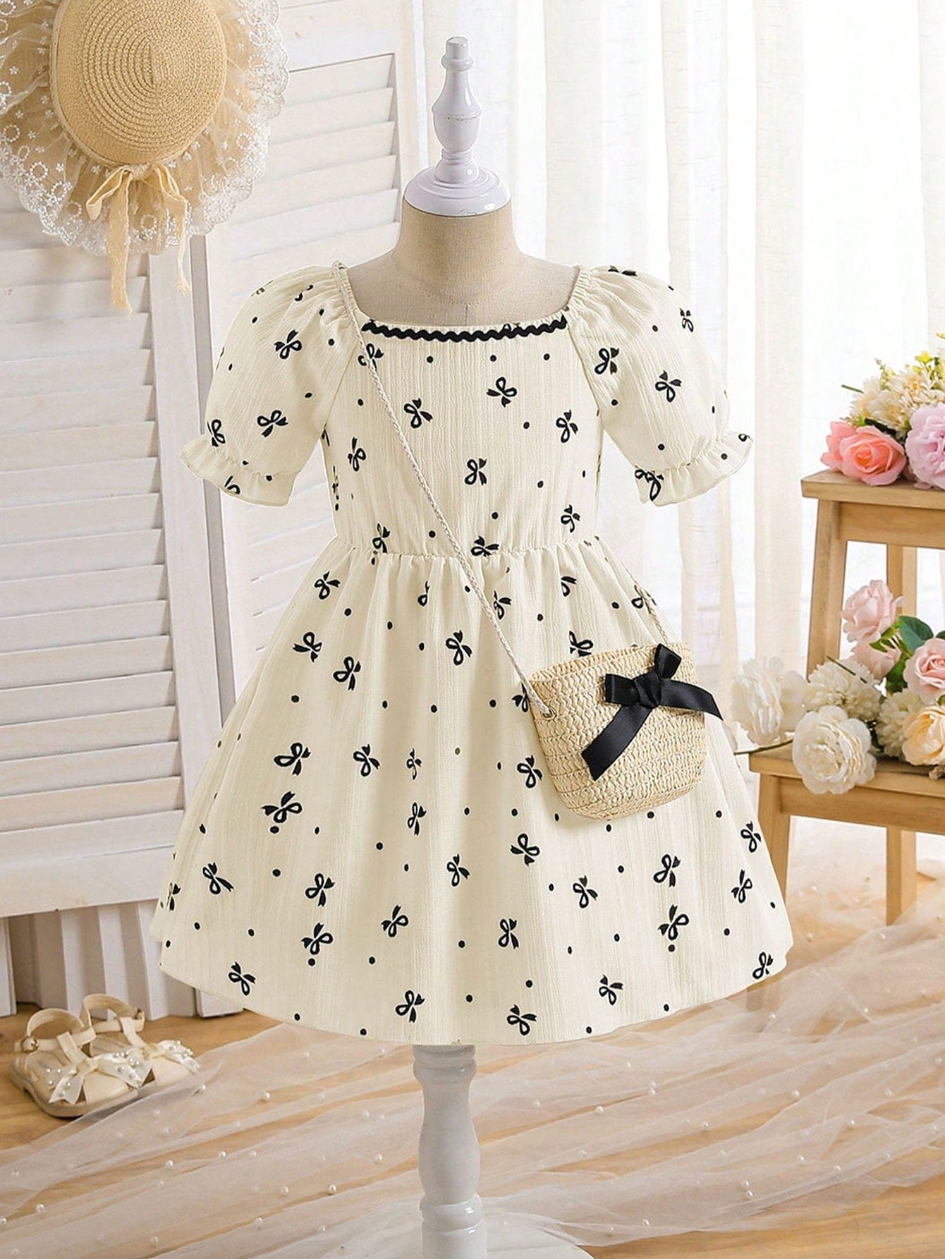 Vestido color albaricoque con lazos y bolso tejido