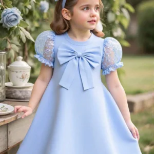 Vestido azul elegante con lazo y mangas abullonadas