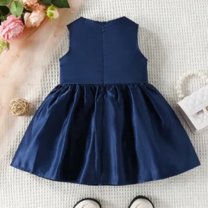 Vestido Azul elegante sin mangas con lazo frontal y vuelo