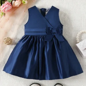 Vestido Azul elegante sin mangas con lazo frontal y vuelo