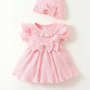 Vestido rosa dulce con moño y volantes para bebé