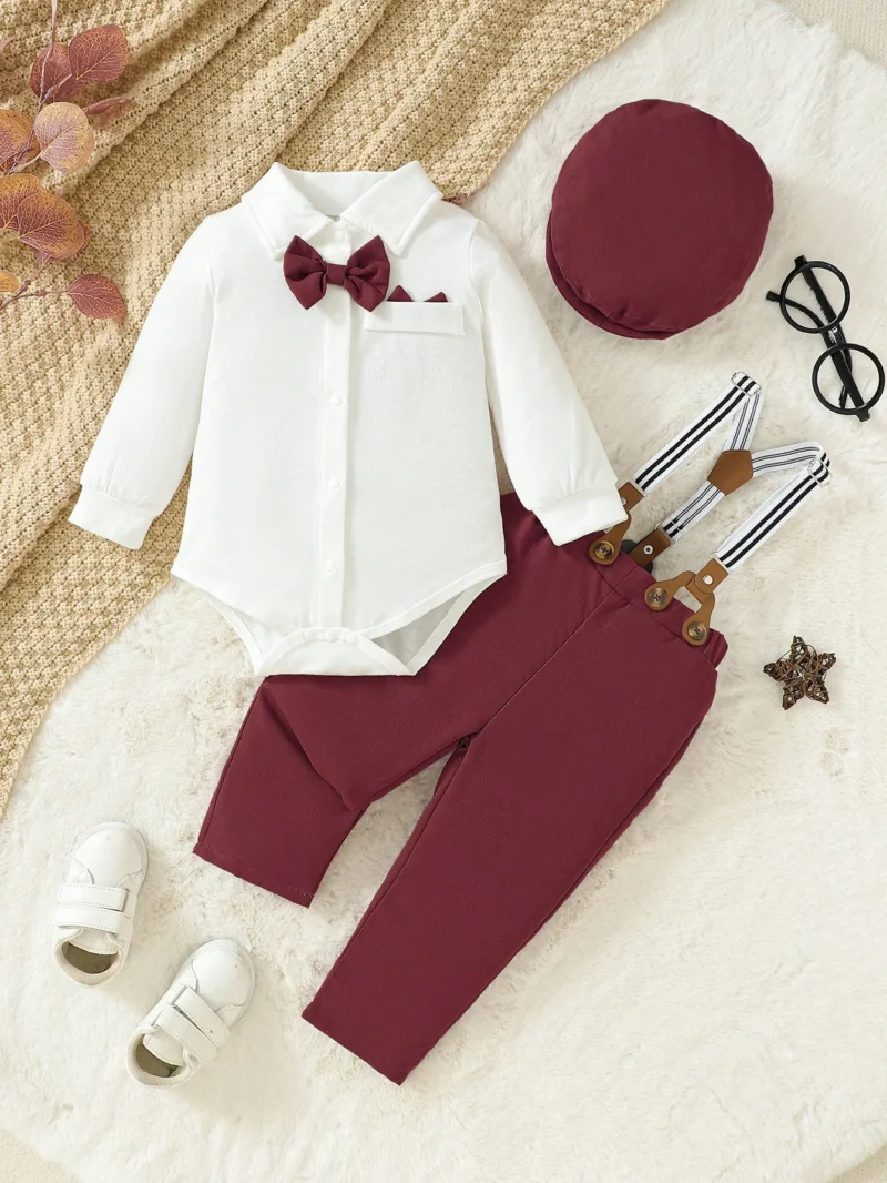 Elegante conjunto burdeos con tirantes tres piezas