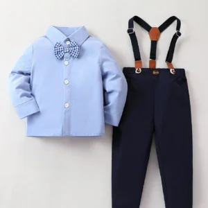 Conjunto azul marino con tirantes y moño