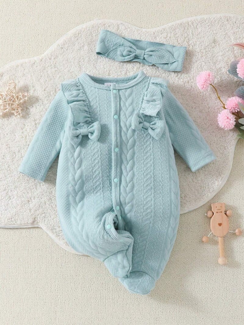 Pijama azul bebé con moños y diadema incluida de tela elástica