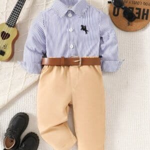 Conjunto marrón y azul para bebé niño con bordado de caballo