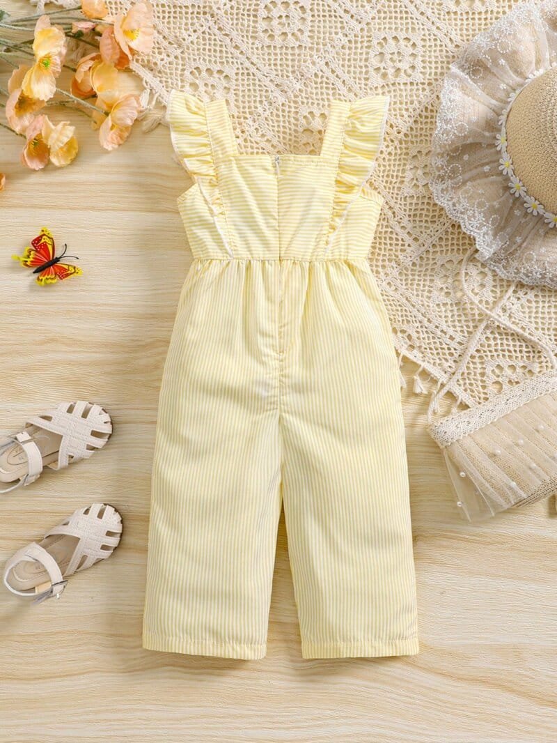 Mono amarillo de rayas con volantes y lazo frontal