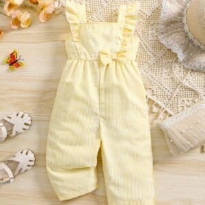 Mono amarillo de rayas con volantes y lazo frontal