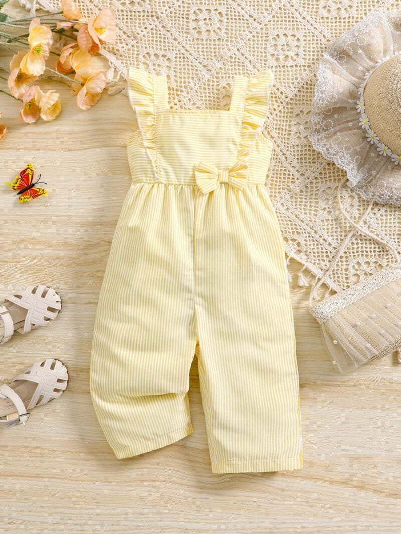 Mono amarillo de rayas con volantes y lazo frontal