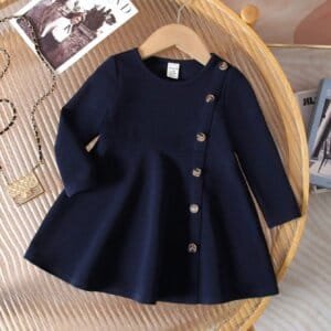 Vestido azul marino con botones delanteros y manga larga