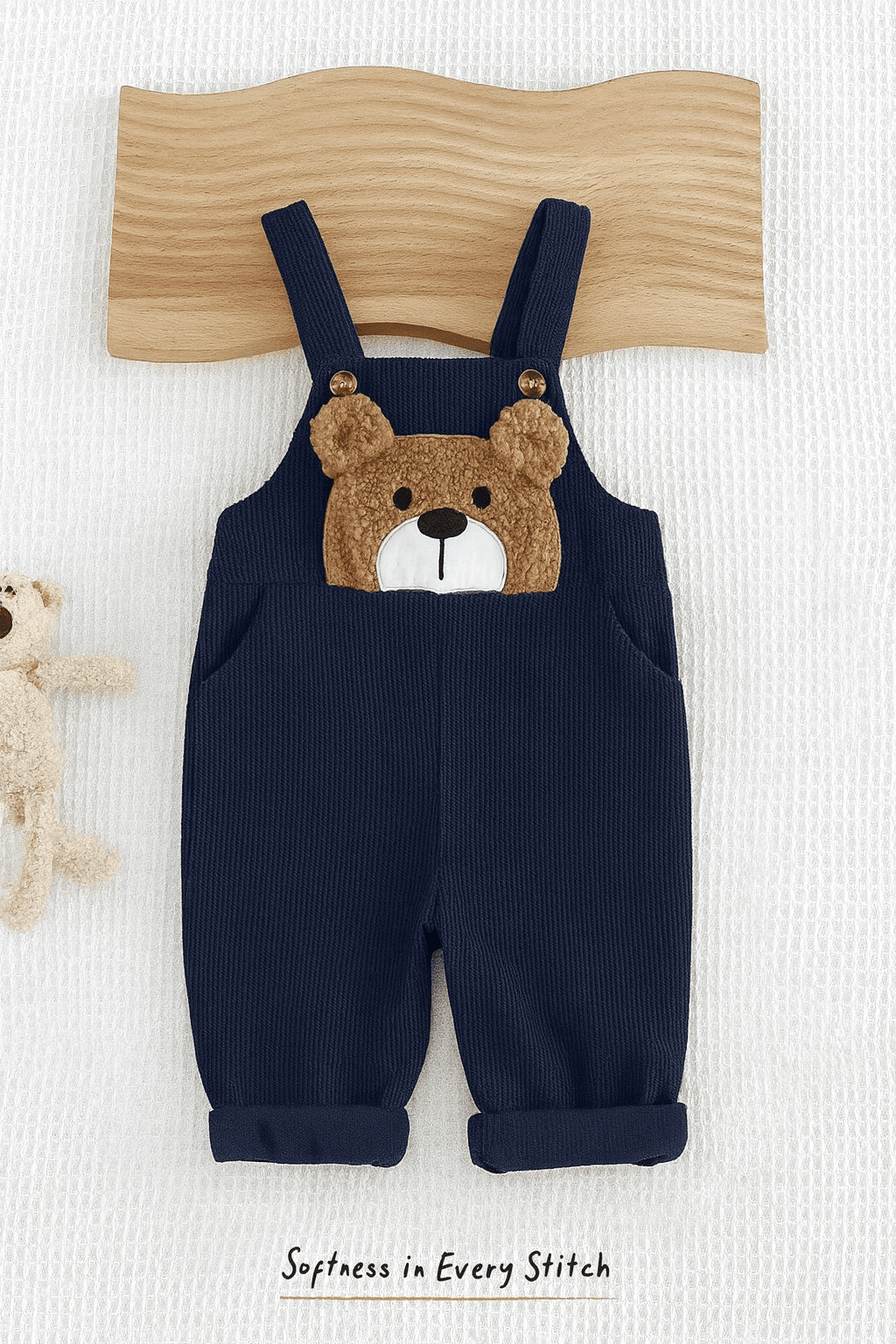 Overol azul marino de pana con diseño de osito bordado
