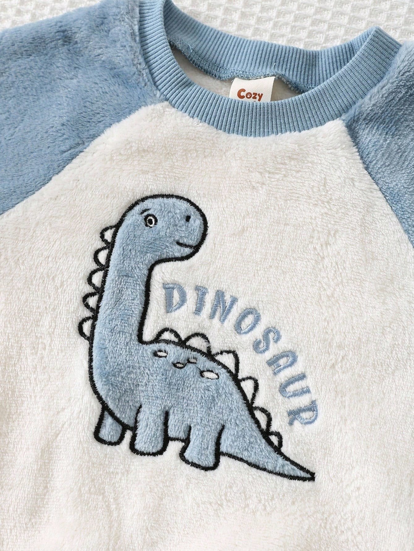 Conjunto azul con estampado de dinosaurio de felpa cálida