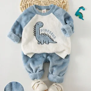 Conjunto azul con estampado de dinosaurio de felpa cálida