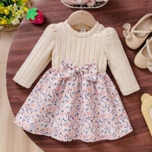 Vestido albaricoque floral con lazo y parte superior de punto