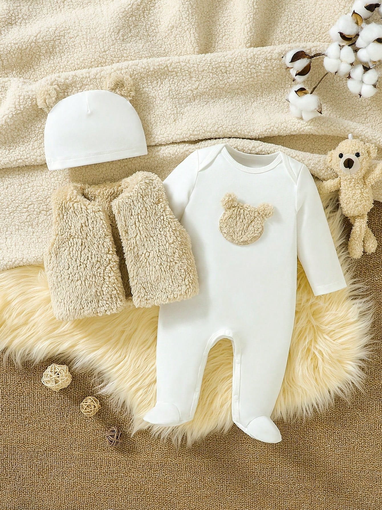 Conjunto beige y blanco con chaleco teddy y mameluco
