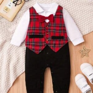 Mameluco elegante rojo y negro con chaleco de cuadros