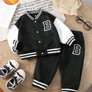 Conjunto Negro Blanco Niño Abrigado Estilo Deportivo