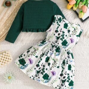 Vestido floral blanco con bolero verde oliva para bebé