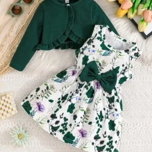 Vestido floral blanco con bolero verde oliva para bebé