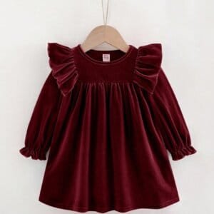 Vestido burdeos suave con volantes elegantes de manga larga