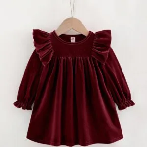 Vestido burdeos suave con volantes elegantes de manga larga