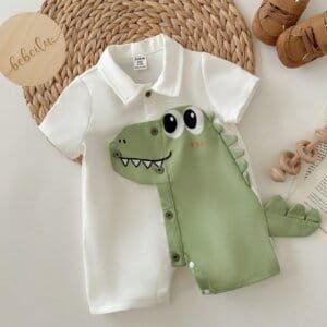 Mameluco Blanco Verde Dinosaurio Bebé Manga Corta