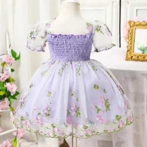 Vestido Lila Floral Bordado Manga Farol Para Niña