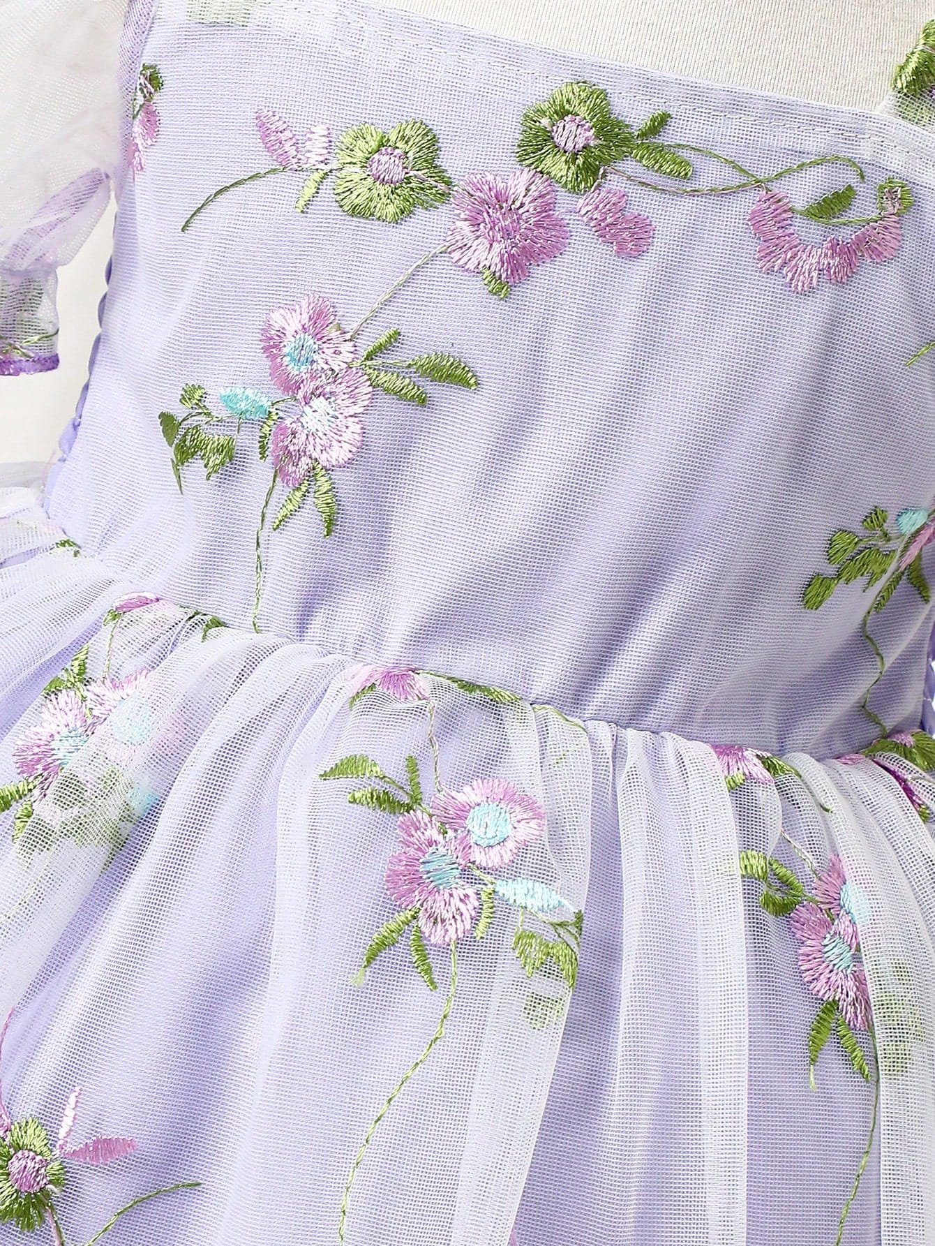 Vestido Lila Floral Bordado Manga Farol Para Niña