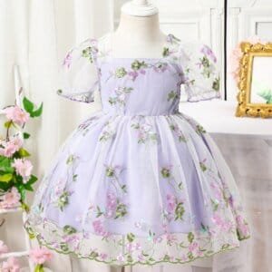 Vestido Lila Floral Bordado Manga Farol Para Niña