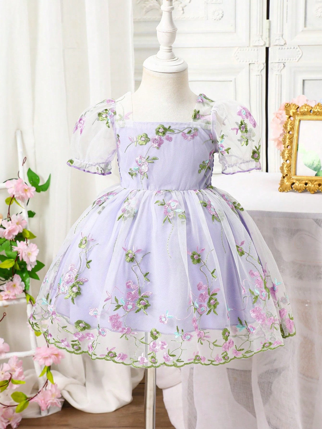 Vestido Lila Floral Bordado Manga Farol Para Niña