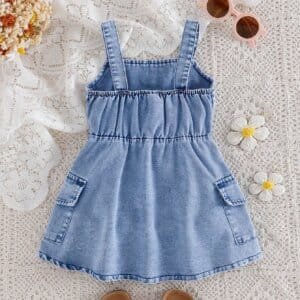 Vestido denim azul con tirantes y bolsillos laterales