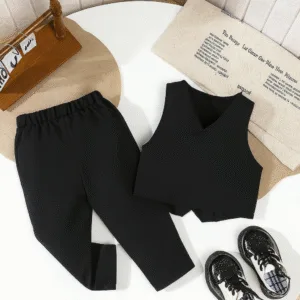 Conjunto negro elegante con chaleco cruzado y pantalón clásico