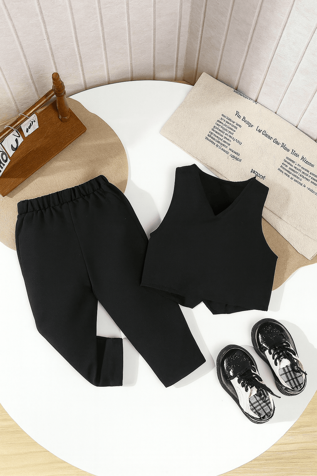 Conjunto negro elegante con chaleco cruzado y pantalón clásico