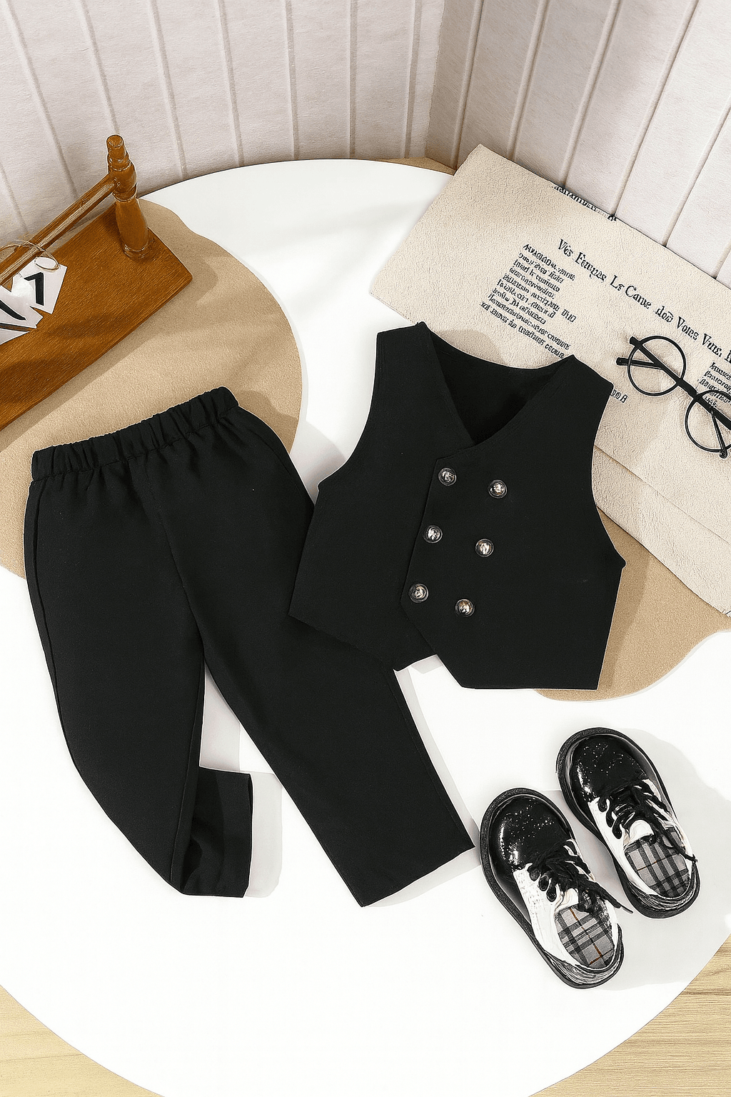 Conjunto negro elegante con chaleco cruzado y pantalón clásico